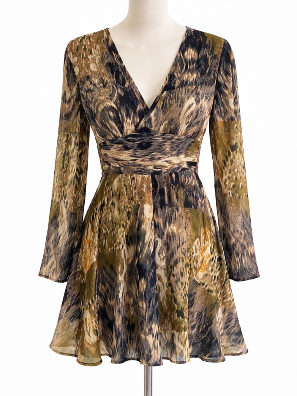 Zara Olive, Black & Tan Long-Sleeve Printed Wrap Dress